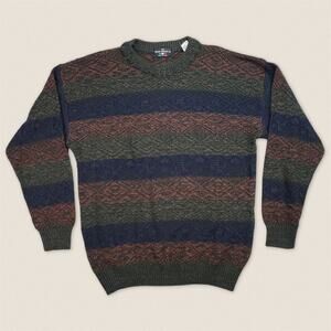 Vintage 90s Striped Green Brown Grandpa Italian Sweater Wool Blend - Size Large